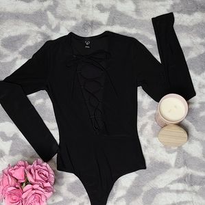 Black criss cross tie up bodysuit